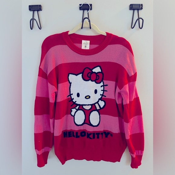 Hello Kitty by Sanrio, women’s medium, pink and red stripe sweater with Kitty - Picture 1 of 5